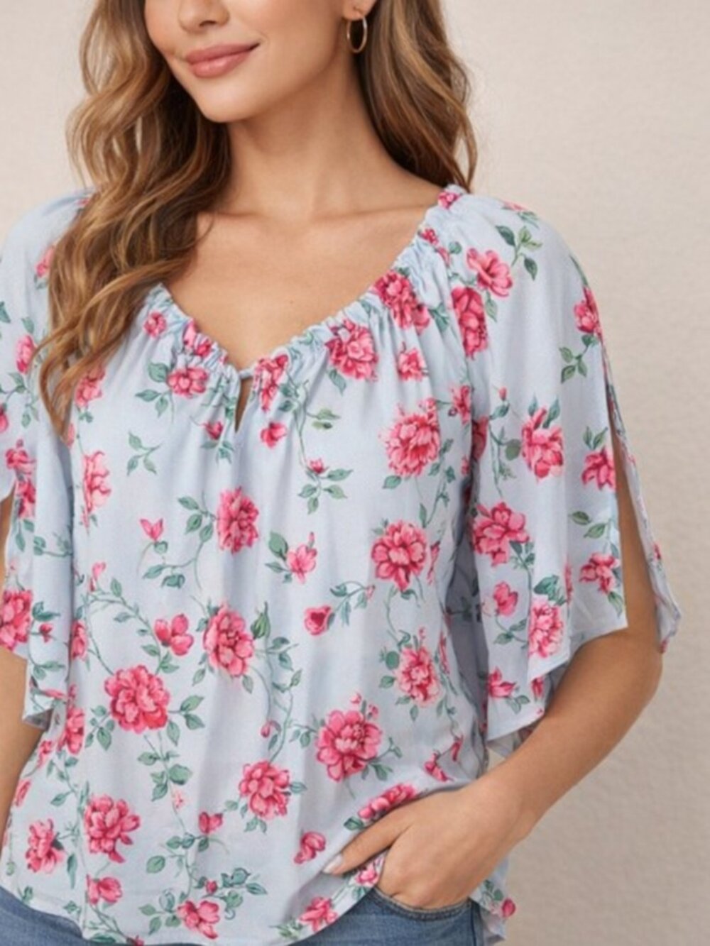 MARCI Adorable Floral Medium Off Shoulder Notch V-Neck Split Cap Sleeve Blouse